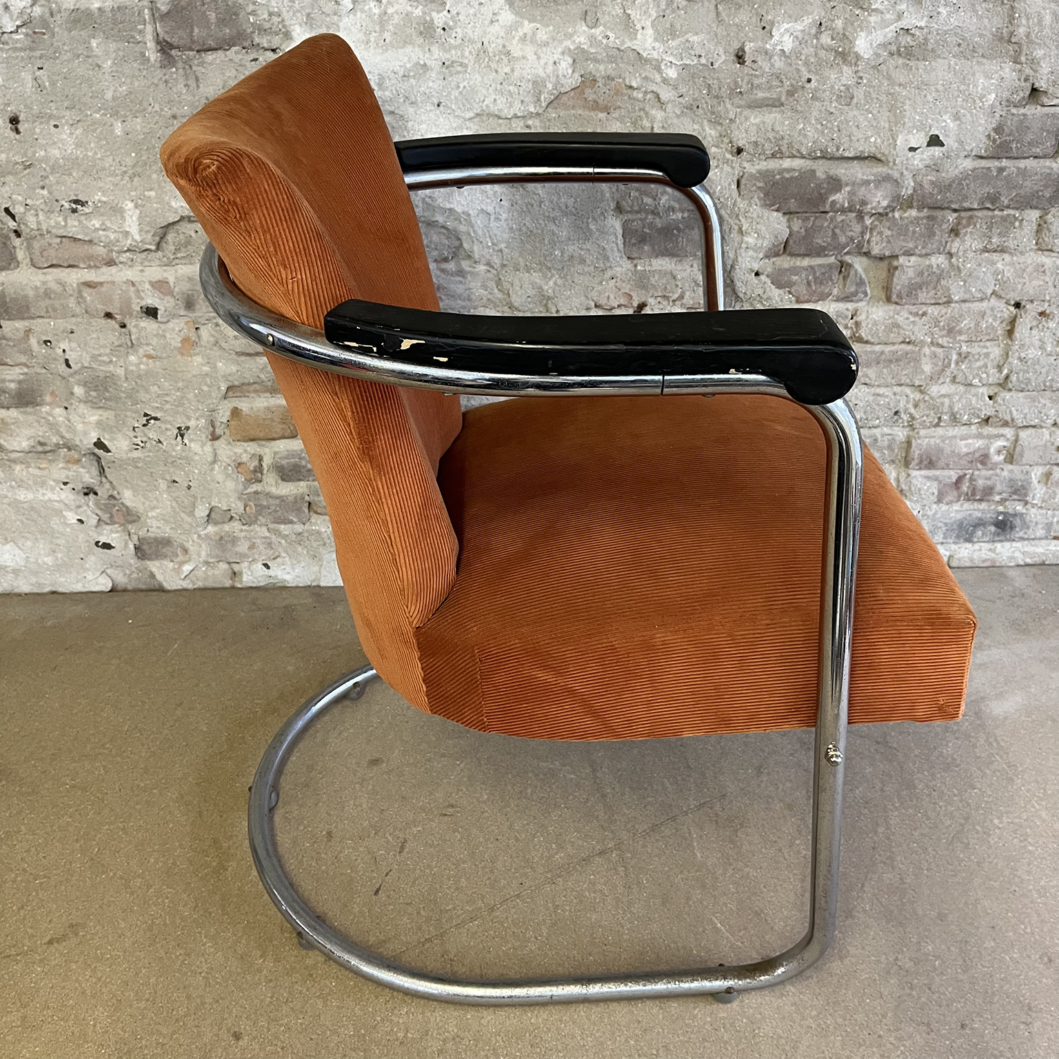 S 169, Tubular Easy Chair in Orange Light Brown Manchester with Wooden Armrests and Upholstery Unique Tilt Mechanism De Cirkel - Image 2