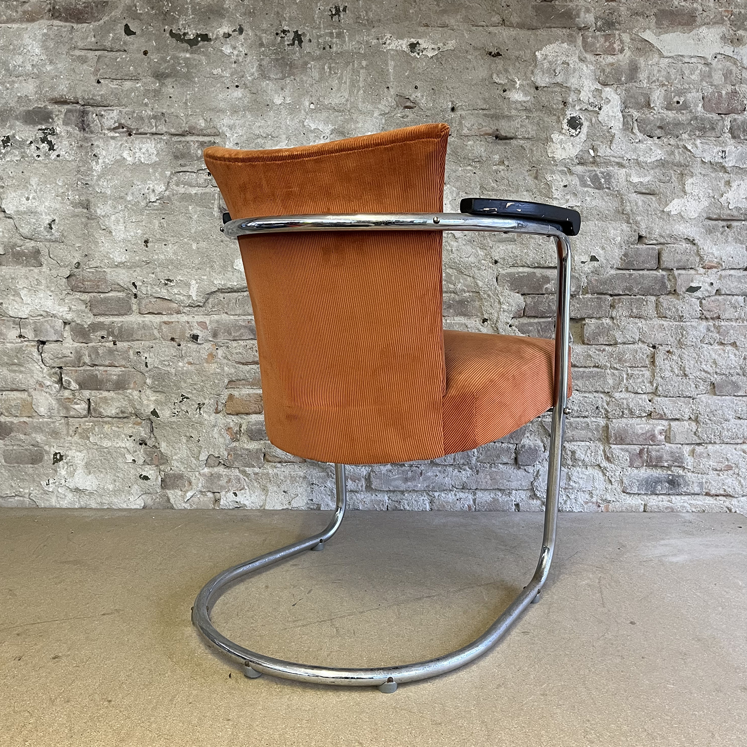 S 169, Tubular Easy Chair in Orange Light Brown Manchester with Wooden Armrests and Upholstery Unique Tilt Mechanism De Cirkel - Image 5