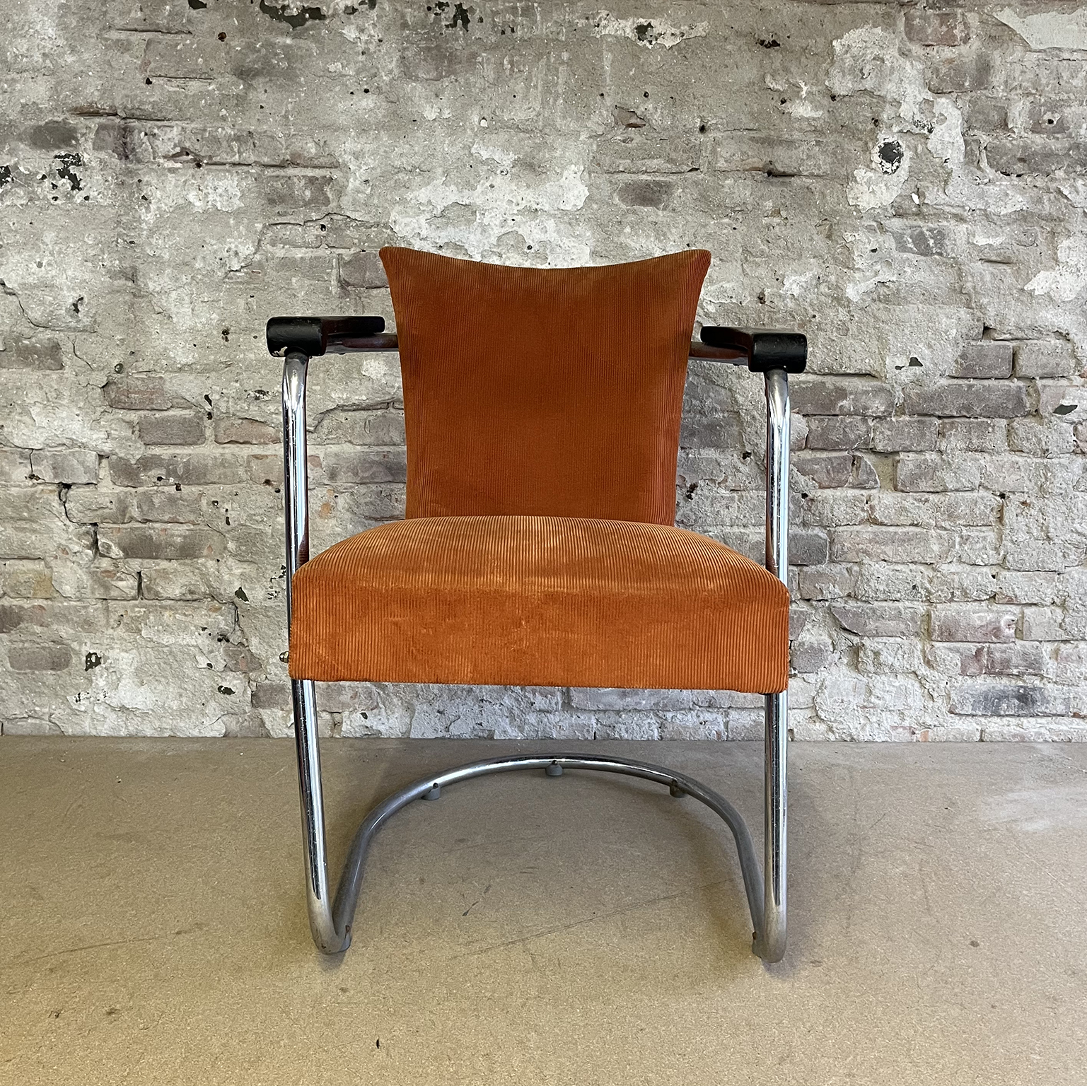 S 169, Tubular Easy Chair in Orange Light Brown Manchester with Wooden Armrests and Upholstery Unique Tilt Mechanism De Cirkel - Image 7