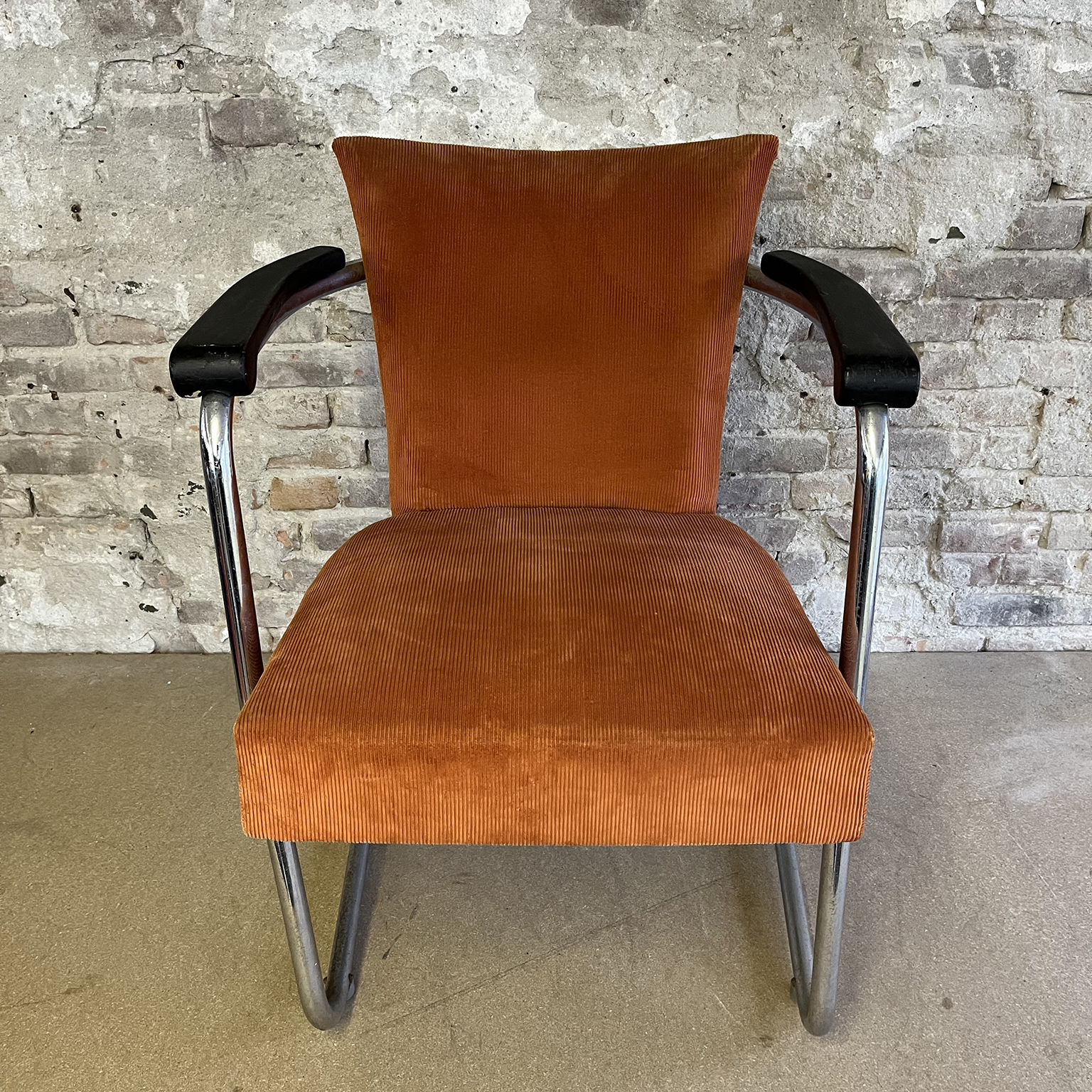 S 169, Tubular Easy Chair in Orange Light Brown Manchester with Wooden Armrests and Upholstery Unique Tilt Mechanism De Cirkel - Image 8