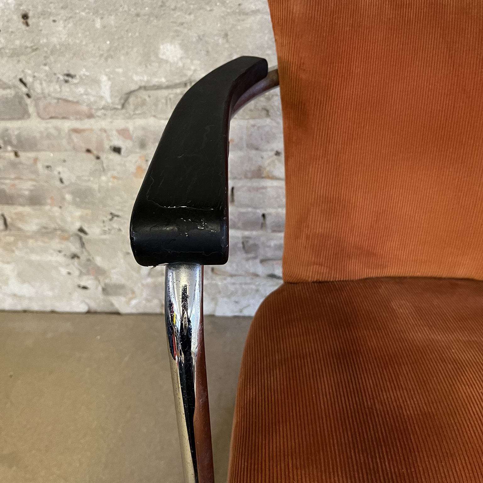 S 169, Tubular Easy Chair in Orange Light Brown Manchester with Wooden Armrests and Upholstery Unique Tilt Mechanism De Cirkel - Image 9