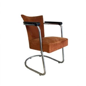 S 169, Tubular Easy Chair in Orange Light Brown Manchester with Wooden Armrests and Upholstery Unique Tilt Mechanism  De Cirkel