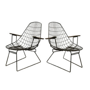 Set of Two Rare Black Wire Easy Chairs with Wooden Armrests