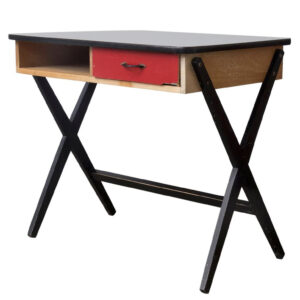 Wooden Writing Desk with Red Drawer and Formica Top, de Vries